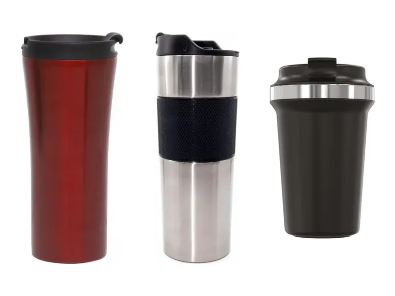 Logolu termos bardak modelleri: kırmızı Barista 500 ml, French Press 500 ml demlemeli ve siyah Glori 350 ml termos bardak