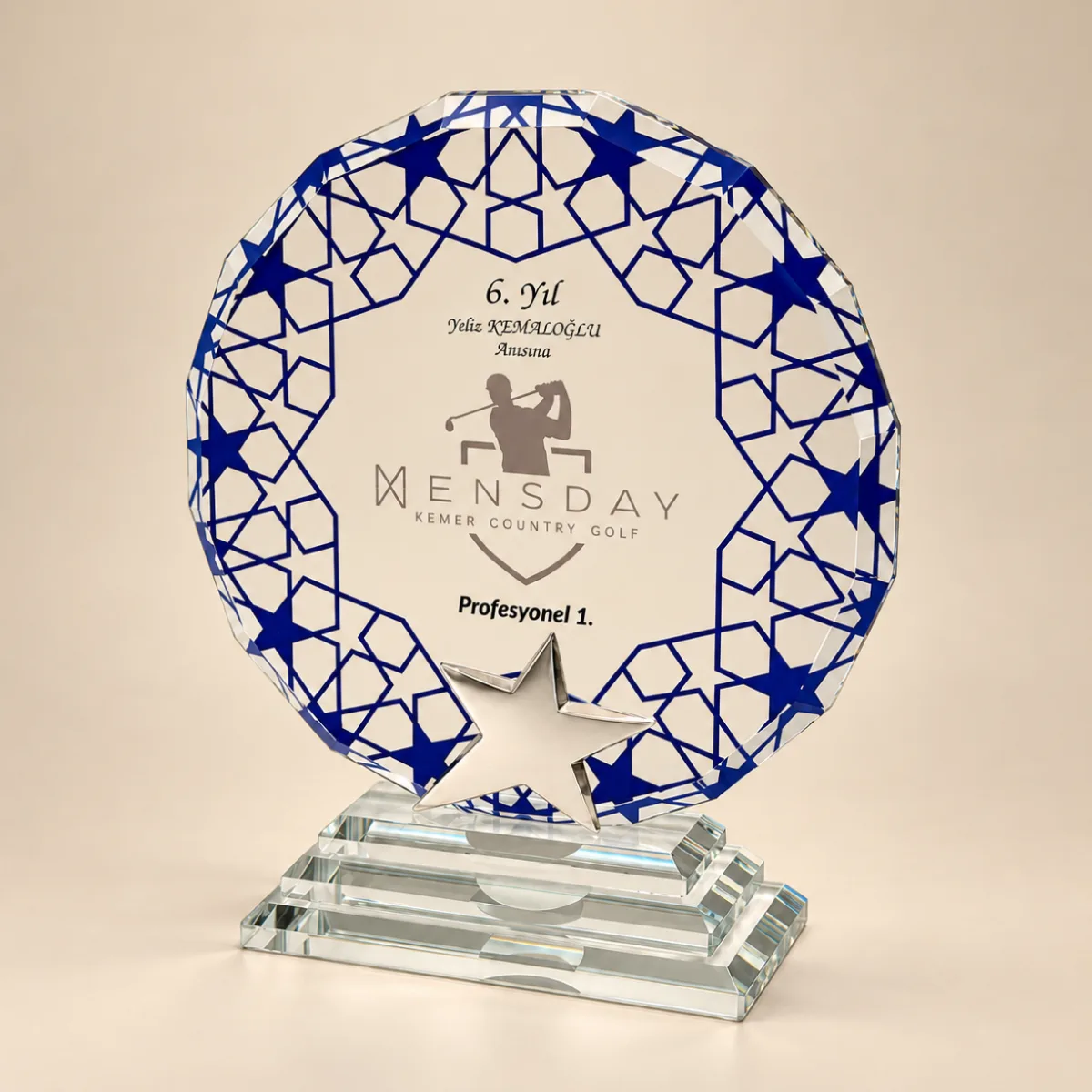 Mavi Camlı Yıldız Desenli Yuvarlak Kristal Plaket