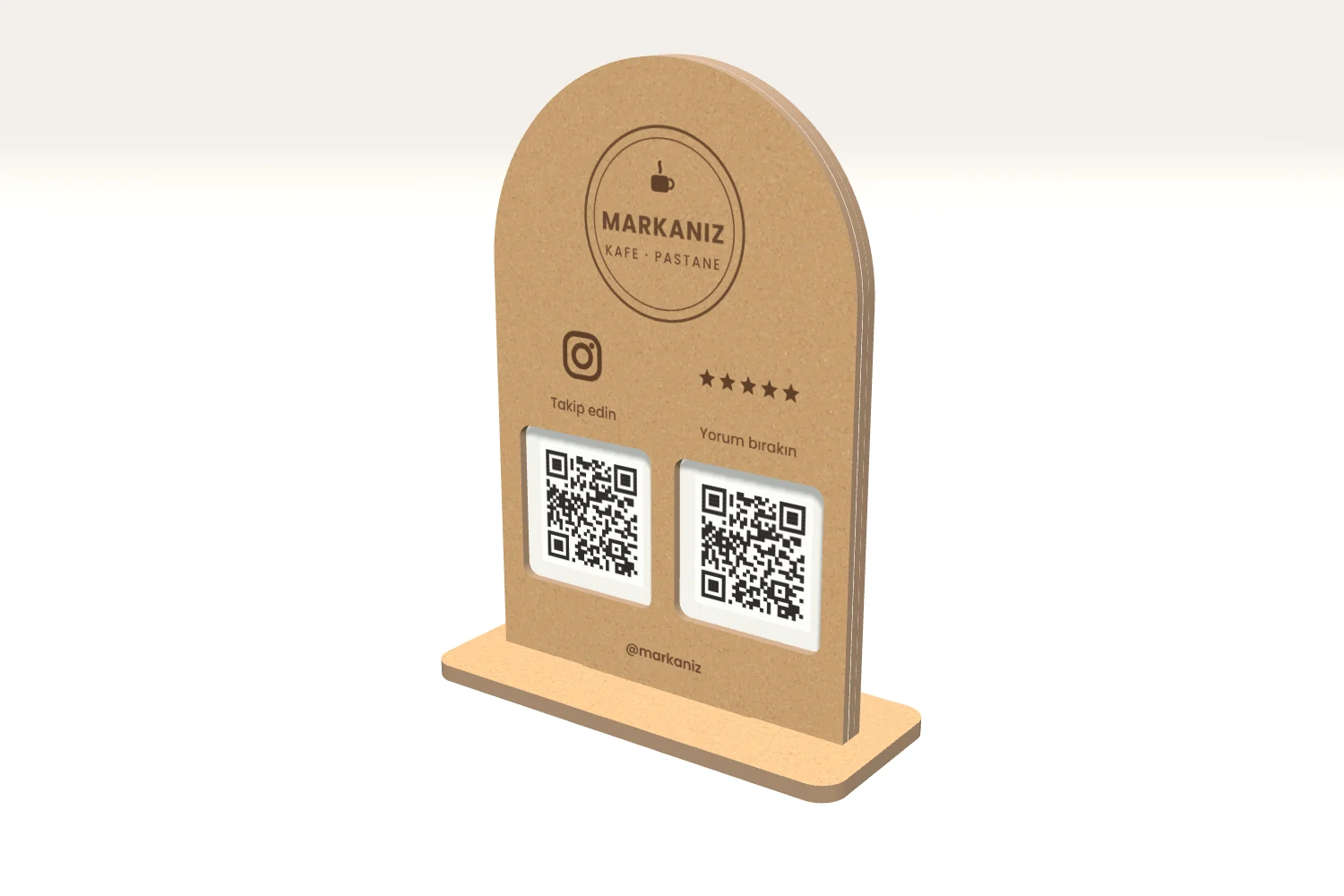 Ahşap Kemer QR Kod Standı: Instagram ve Google Yorum — görsel 1