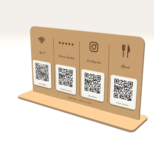 Ahşap QR Bilgi Panosu: Wi-Fi, Yorum, Instagram, Menü