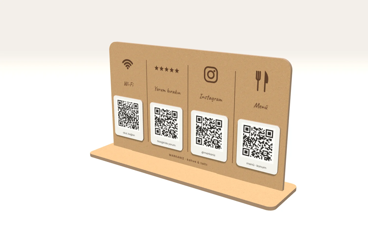 Ahşap QR Bilgi Panosu: Wi-Fi, Yorum, Instagram, Menü — görsel 1