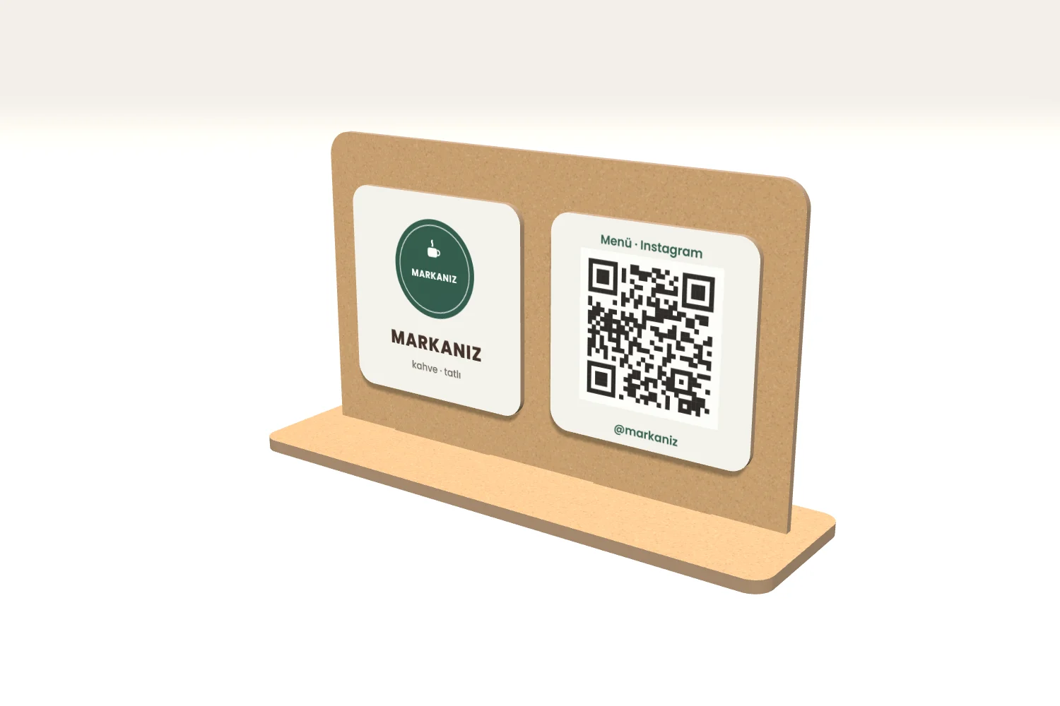 Logolu Ahşap İkiz Karo QR Standı — görsel 1