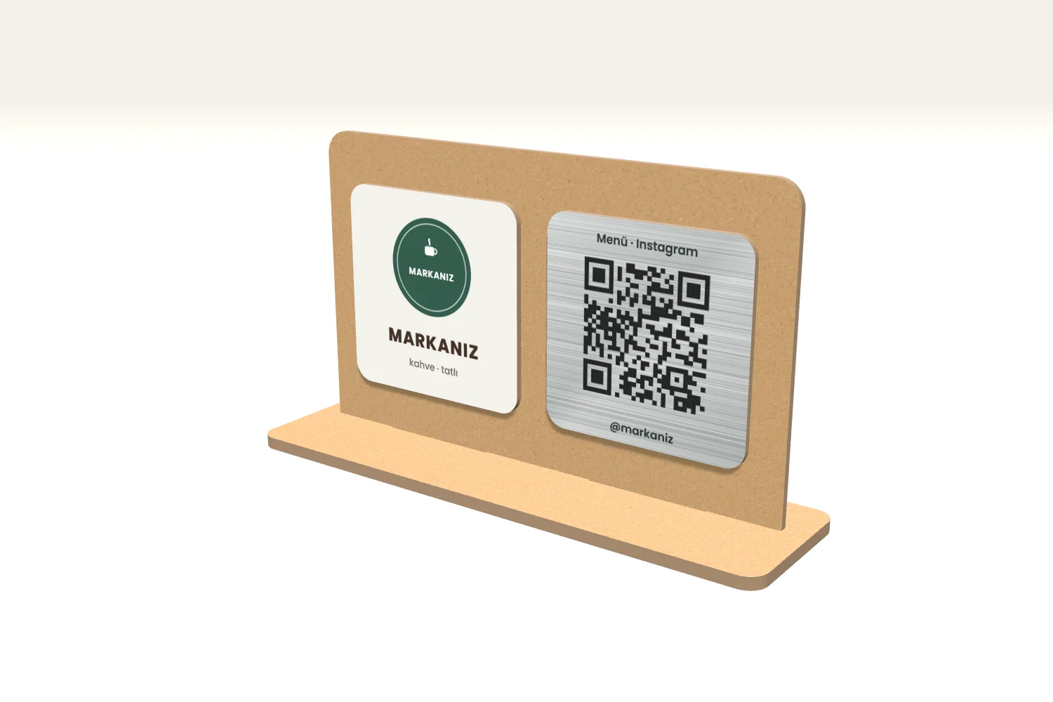 Logolu Ahşap İkiz Karo QR Standı — görsel 4