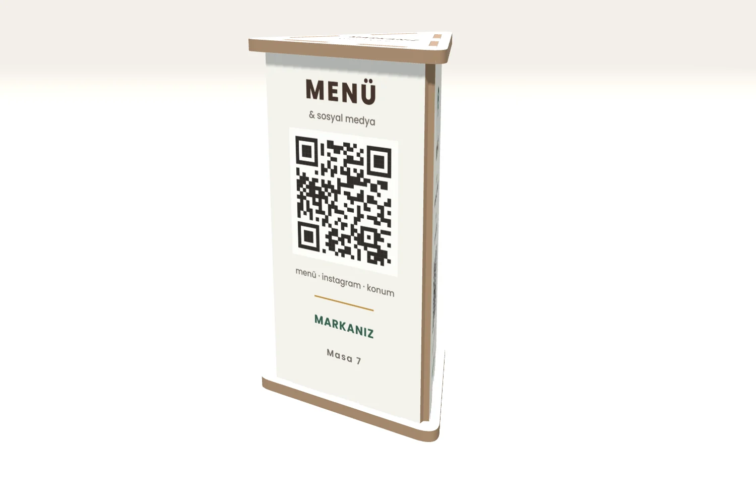Üç Yüzlü MDF QR Masa Standı: Menü, Wi-Fi, Yorum — görsel 1