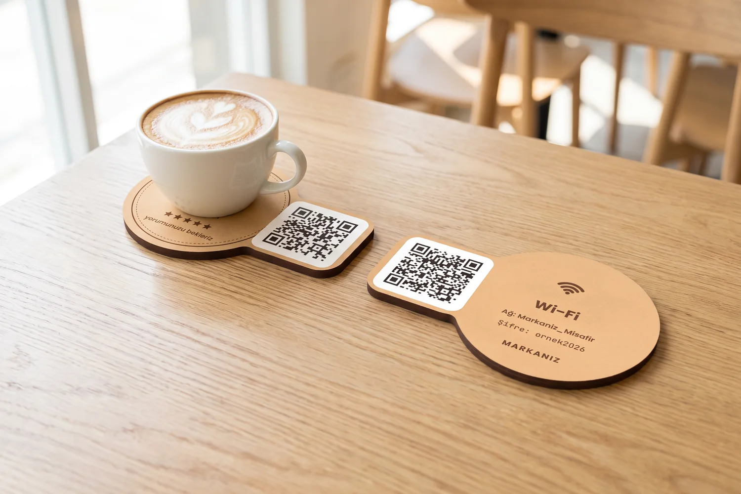 Ahşap Kulaklı QR Kodlu Bardak Altlığı — görsel 1